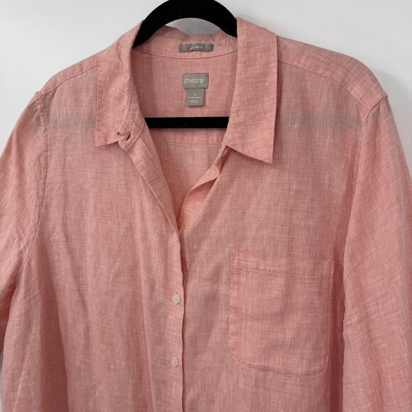 Chicos 4 Linen No Iron Button Up Shirt Plus size 20/22 Coral 3/4 Sleeve Beachy - Picture 3 of 8